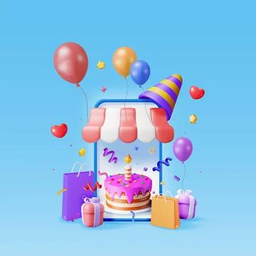 3D Smartphone with Cake, Gift Box and Confetti. Stock Illustration