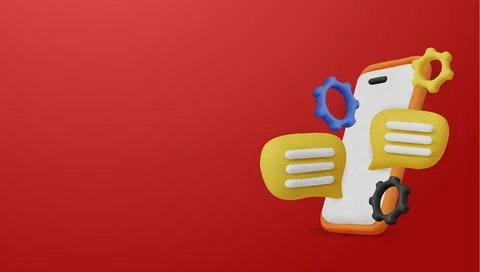 3D smartphone with chat bubbles and gears. A concept for customer support Stock Illustration
