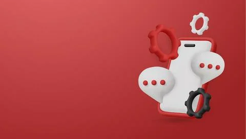 3D smartphone with chat bubbles and gears. A concept for customer support Stock Illustration