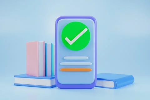 3d smartphone with check mark on screen. Stack of books. Online education, on Stock Illustration