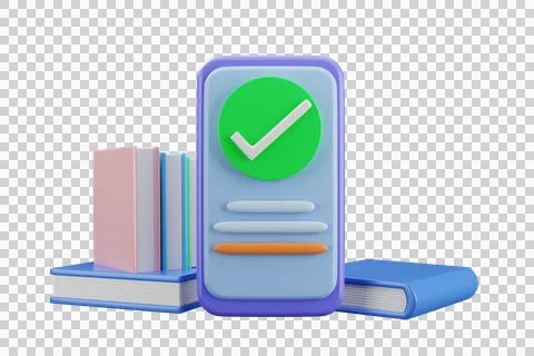 3d smartphone with check mark on screen. Stack of books. Online education, on 스톡 일러스트