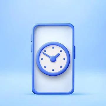 3D Smartphone with clock icon showing time. Stock Illustration