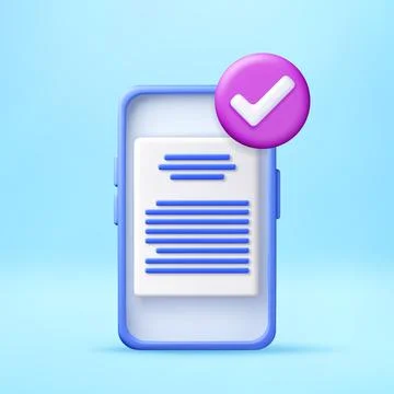 3D Smartphone with document icon and check mark. Stock Illustration