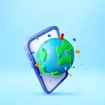 3d smartphone with floating globe and confetti. Stock Illustration
