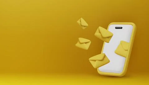 3D smartphone with flying envelopes, symbolizing email marketing, communication Ilustração Stock