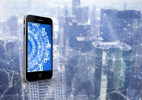 3d Smartphone in front of digital background with graphics 스톡 사진