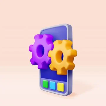 3D smartphone with gears on screen isolated Stock Illustration