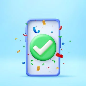 3D Smartphone with green check mark and confetti Stock-Illustration