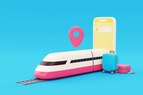3D smartphone with high-speed train and suitcase on blue background, global.. Stock Photos
