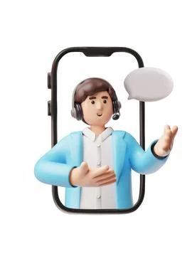 A 3D smartphone with a man in a blue jacket, headset, and speech bubble. Stock Illustration