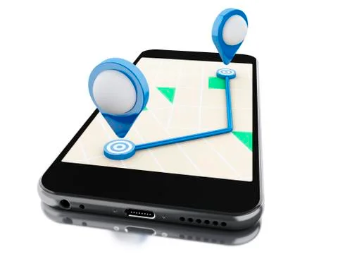 3d Smartphone with a map, blue pointer and planned route on screen. Stock Illustration
