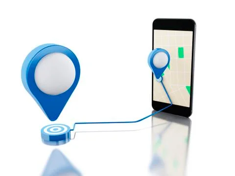 3d Smartphone with a map, blue pointer and planned route on screen. Stock Illustration
