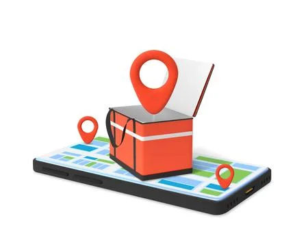 3D smartphone with a map, food delivery backpack, and GPS tags on the screen. Stock Illustration