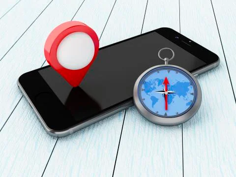 3D Smartphone with map pointer and compass. Illustrazione stock