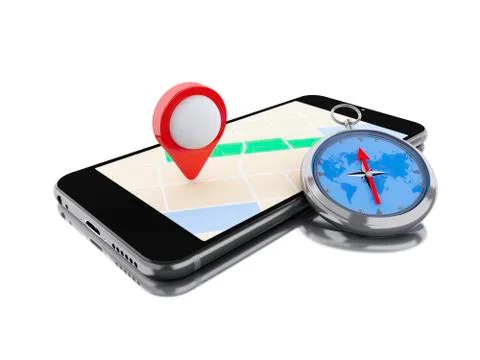 3d Smartphone with a map, red pointer and a compass. Illustrazione stock