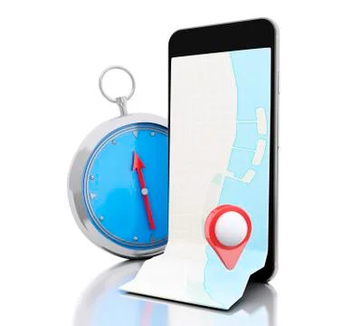 3d Smartphone with a map, red pointer and a compass. Stock Illustration