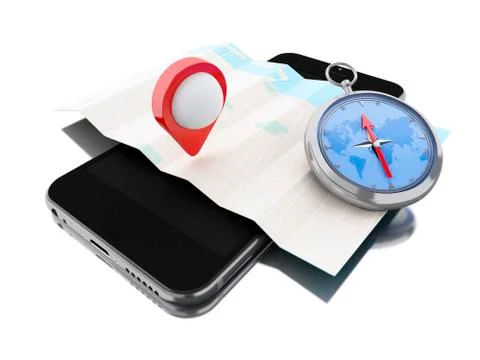 3d Smartphone with a map, red pointer and a compass. Stock Illustration