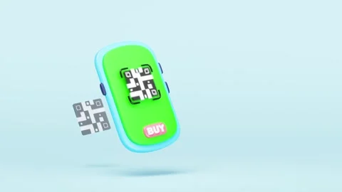 3d smartphone with qr code scanner, buy button, coins isolated on blue back.. Stock Footage 311762189