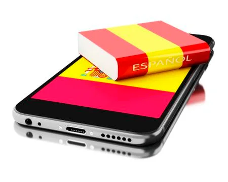 3d Smartphone with spain book. Learning languages. Stock Illustration