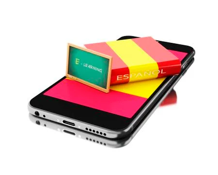 3d Smartphone with spain book. Learning languages. Illustrazione stock
