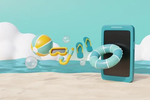 3d Smartphone with summer elements, beach ball and snorkel. Summer vacation.. Foto stock