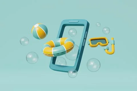 3d Smartphone with summer elements, beach ball and snorkel. Summer vacation.. Stock Photos
