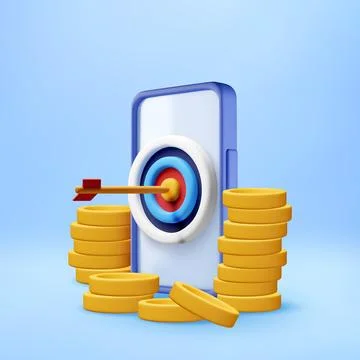 3D Smartphone with target and stacks of gold coins Stock Illustration