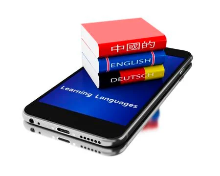 3d Smartphone with textbooks. Learning languages. Illustrazione stock
