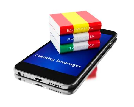 3d Smartphone with textbooks. Learning languages. イラスト素材