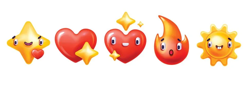 3D smile sticker set, vector plastic heart shape, cartoon cute character icon Stock Illustration