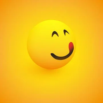 3D Smiling Mounth Licking Face, View from Side - Simple Happy Emoticon on Y.. Stock Illustration