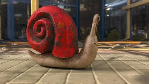 3D snails with a metal red shell against the background of the street Illustrazione stock