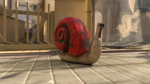 3D snails with a metal red shell against the background of the street Stock Illustration