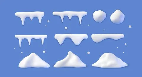 3d snow. Winter cap, ball and pile, white frame, white snowball ice shapes Stock Illustration