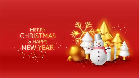 3D Snowman with GIft Boxes and Gold Christmas Tree Stock Illustration
