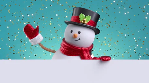 3d snowman waving hand, looking out the ... | Stock Video | Pond5