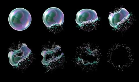 3d soap transparent bubble stages of the explosion. Water spheres, realistic Illustrazione stock