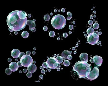 3d soap transparent bubbles, a lot of soapy ballons. Water spheres, realistic Stock Illustration