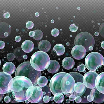 3d soap transparent bubbles. Water spheres, realistic balls, soapy balloons Stock Illustration