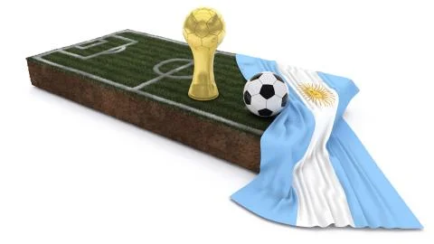 3D Soccer ball and trophy on grass patch with flag Stock Illustration