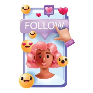 3D social media concept, vector follow bubble, smartphone screen Stock Illustration