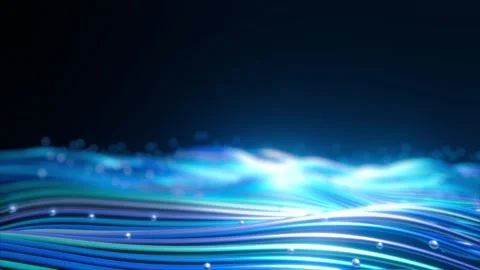 3D soft glowing abstract shiny moving blue neon wavy lines bokeh light particle Video stock 317133853