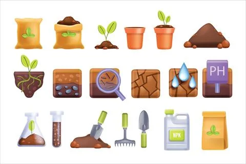 3D soil icon set, cartoon fertilized compost, vector agriculture farming Stock Illustration