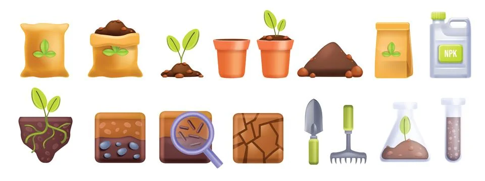 3D soil icon vector set, cartoon fertilized compost, agriculture farming Stock Illustration