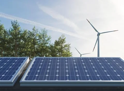 3d solar pannels project energy saving. High quality beautiful photo concept Stock Photos