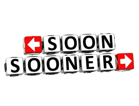 3d soon sooner button click here block text Stock Illustration