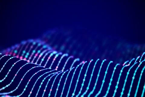 3D Sound waves with colored dots. Big data abstract visualization. Stock Illustration