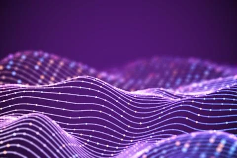 3D Sound waves with colored dots. Big data abstract visualization. Stock Illustration