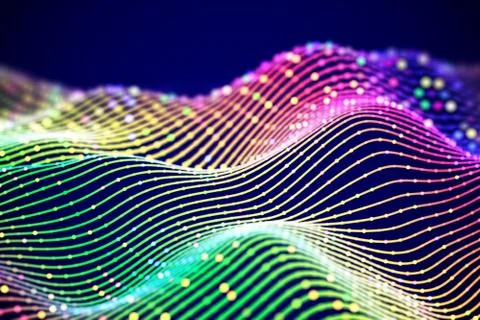 3D Sound waves with colored dots. Big data abstract visualization. 스톡 일러스트