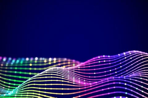 3D Sound waves with colored dots. Big data abstract visualization. Stock Illustration